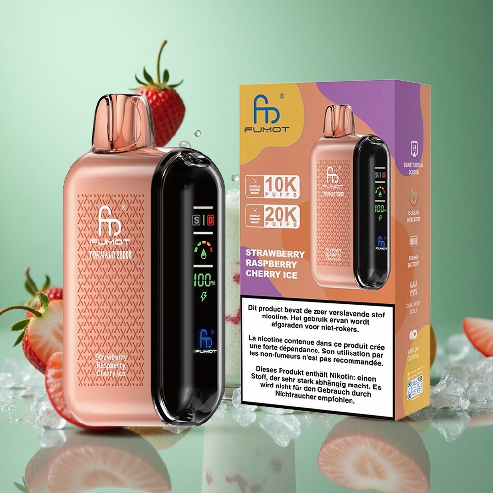 Strawberry Raspberry Cherry Ice Fumot Tornado 20000 Puffs Dual Mesh Coil Disposable Vape